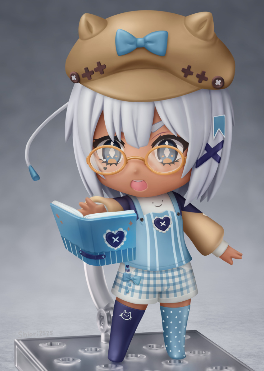 1girl absurdres blue_eyes book brown-framed_eyewear character_request chibi commission dark-skinned_female dark_skin diamond-shaped_pupils diamond_(shape) faux_figurine full_body glasses grey_hair hair_ornament highres indie_virtual_youtuber looking_away nendoroid open_book open_mouth second-party_source shiori2525 short_hair solo symbol-shaped_pupils teeth upper_teeth virtual_youtuber x_hair_ornament