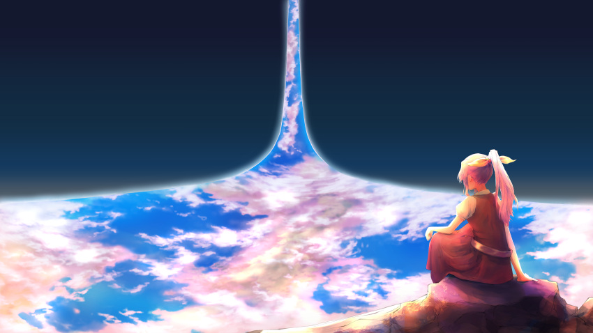 1girl absurdres arm_support buttons clouds commentary donde facing_away from_behind hair_ribbon highres long_hair ponytail puffy_short_sleeves puffy_sleeves purple_hair red_skirt red_vest ribbon ringworld rock scenery shirt short_sleeves sidelocks sitting skirt skirt_set sky solo space touhou vest watatsuki_no_yorihime white_shirt wide_shot yellow_ribbon