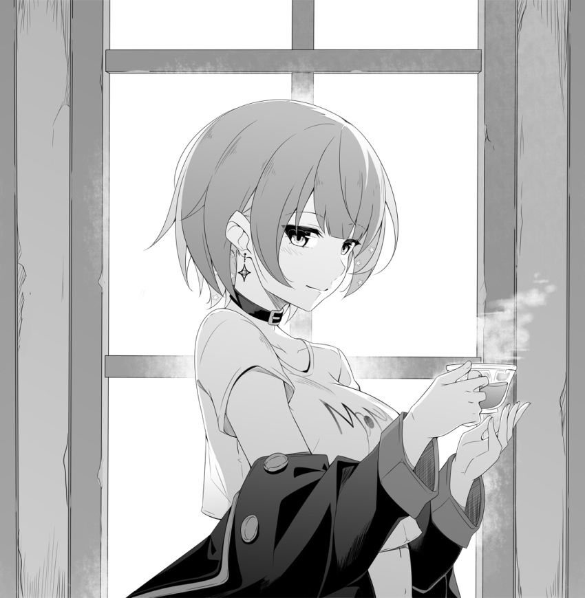 1girl choker cropped_shirt cup earrings holding holding_cup hololive hololive_indonesia jewelry looking_at_viewer masabodo monochrome moona_hoshinova navel off_shoulder official_alternate_costume short_hair solo steam upper_body virtual_youtuber window