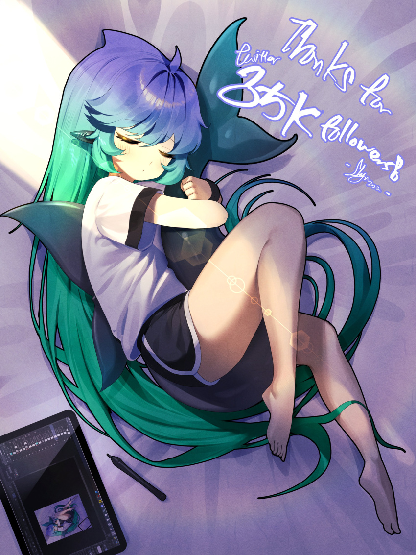1girl absurdres ahoge aqua_hair bangs barefoot black_shorts blue_hair closed_eyes commentary_request drawing_tablet feet fish_tail from_above gradient_hair highres horns long_hair lying multicolored_hair on_side original sbgu shark_fin shark_girl shark_tail shirt short_shorts shorts sleeping solo t-shirt tablet tail tail_hug thighs very_long_hair white_shirt
