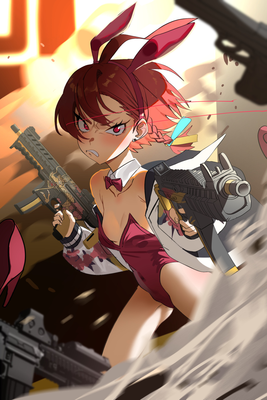 1girl absurdres angry animal_ears ass_visible_through_thighs bangs blue_archive bow bowtie breasts covered_navel detached_collar earrings fake_animal_ears gun hairband highleg highleg_leotard highres incoming_attack jacket jewelry jiki_(gkdlfnzo1245) leotard light_blush looking_at_viewer neru_(blue_archive) open_clothes open_jacket orange_hair rabbit_ears red_bow red_bowtie red_eyes shoe_removed short_hair small_breasts solo submachine_gun thighs traditional_bowtie v-shaped_eyebrows weapon wing_collar