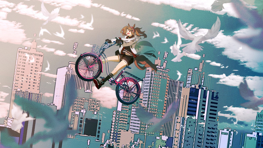 1girl absurdres angelina_(arknights) animal_ears ankle_boots arknights bicycle bird black_footwear black_gloves black_shirt black_shorts blue_sky boots brown_hair building city clouds coat commentary_request day flying fox_ears fox_girl fox_tail full_body gloves gradient_sky ground_vehicle haku_(muc12b) highres kneehighs long_hair long_sleeves mixed-language_commentary open_clothes open_coat open_mouth outdoors red_eyes scenery shirt shorts sidelocks sitting sky solo tail twintails white_coat yellow_sky