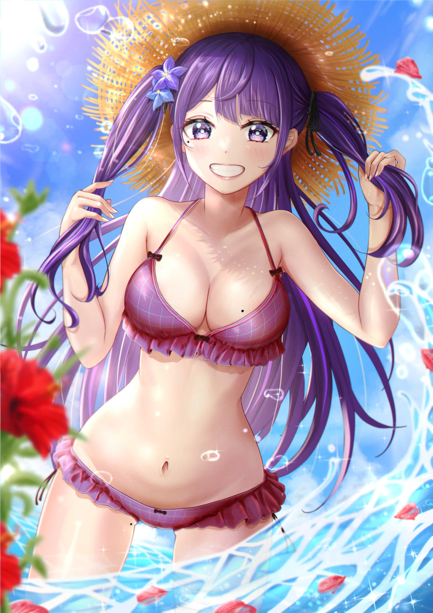 1girl absurdres alternate_hairstyle bangs bare_arms bare_shoulders bikini blue_flower blue_sky blush breasts commentary_request cowboy_shot day eyebrows_visible_through_hair flower genshin_impact grin hair_flower hair_ornament hat highres large_breasts long_hair looking_at_viewer mole mole_on_breast mole_under_eye navel nori_chazuke outdoors petals petals_on_liquid purple_bikini purple_flower purple_hair raiden_shogun red_flower sky smile solo standing stomach sun_hat swimsuit two_side_up very_long_hair violet_eyes wading water water_drop