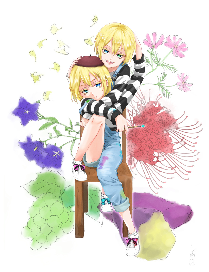 2boys absurdres androgynous blonde_hair blue_eyes brothers chair facing_viewer floral_background flower green_eyes hat heterochromia highres idol_show_time kai_(aishota) looking_at_viewer multiple_boys otoko_no_ko siblings twins ultrajony white_background yu_(aishota)