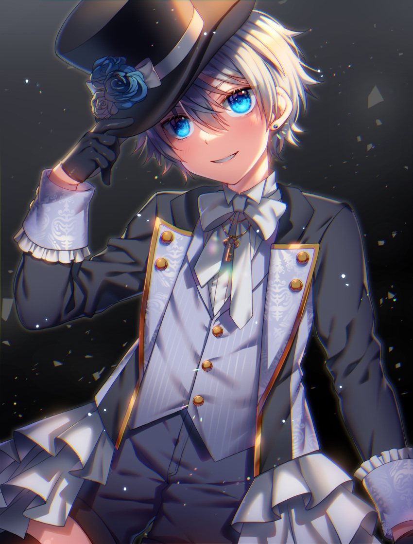 1boy absurdres aqua_eyes bangs black_background blue_eyes bow buttons commission dark_background drill_hair earrings formal ginjiro_(ginziro525) gloves hair_between_eyes hat hat_bow highres jewelry long_sleeves looking_at_viewer male_focus original silver_hair simple_background single_earring skeb_commission smile suit teeth tilted_headwear top_hat twin_drills upper_body