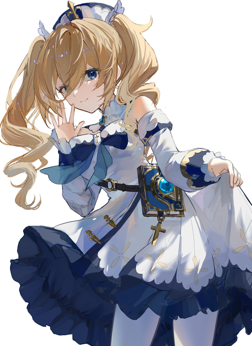 1girl barbara_(genshin_impact) blonde_hair blue_eyes book bow bowtie clothes_lift cross dress dress_lift drill_hair frilled_dress frills genshin_impact hand_up hat highres lifted_by_self pantyhose raiya_atelier simple_background smile solo twin_drills waving white_background white_dress white_legwear