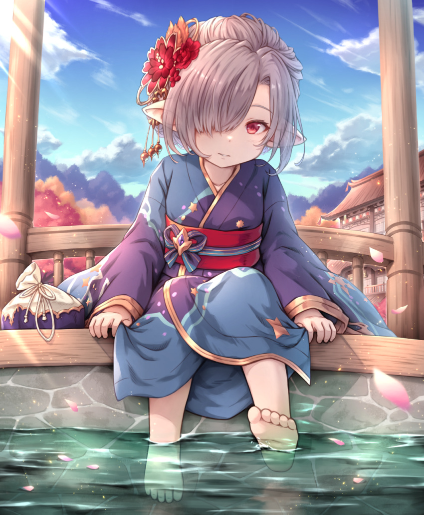 1girl architecture barefoot blue_kimono blue_sky cherry_blossoms clouds commentary_request day east_asian_architecture feet granblue_fantasy grey_hair hair_ornament hair_over_one_eye harvin highres japanese_clothes khell kimono long_hair long_sleeves looking_at_viewer niyon_(granblue_fantasy) obi outdoors parted_lips pointy_ears pouch purple_hair red_eyes sash short_hair sitting sky soaking_feet solo toes water wide_sleeves