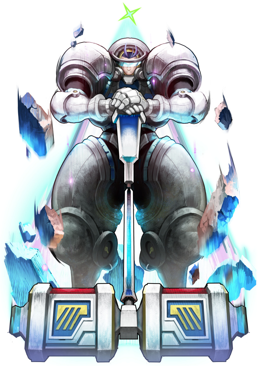 #compass 1boy absurdres armor armored_boots blue-tinted_eyewear boots breastplate closed_mouth full_armor full_body gauntlets gloves grey_footwear grey_gloves grey_headwear hands_on_hilt hands_up helmet hidekazu_(hidekazu_king) highres justice_hancock looking_at_viewer male_focus motion_blur official_art own_hands_together purple_hair rubble short_hair solo standing straight-on third-party_source tinted_eyewear visor war_hammer weapon white_background
