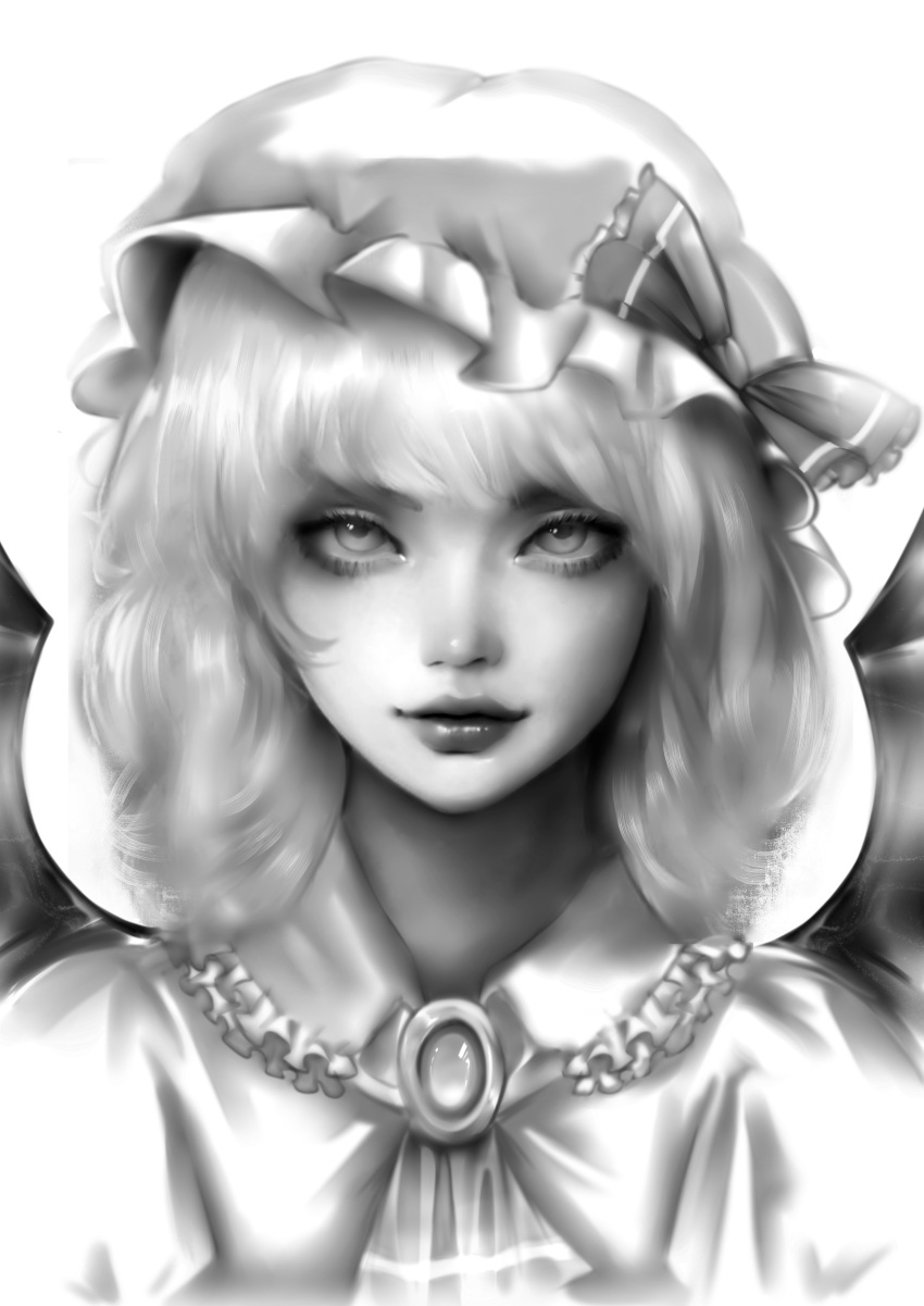 1girl absurdres ascot bangs bow brooch collar collared_dress dress eyebrows_behind_hair eyeshadow frilled_collar frills greyscale hat hat_bow highres jewelry lips makeup medium_hair mob_cap monochrome nose realistic remilia_scarlet simple_background smile solo touhou twisted_limbo white_background
