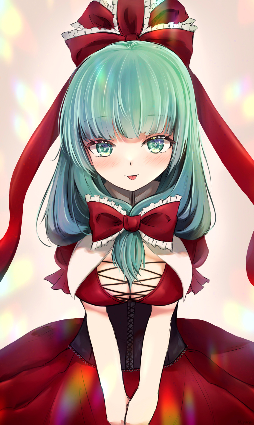 1girl absurdres bangs bloom blush bow breasts brown_background closed_mouth collared_dress commentary_request corset dress eyebrows_visible_through_hair eyelashes frills gradient gradient_background green_eyes green_hair hair_bow highres kagiyama_hina large_breasts looking_at_viewer medium_hair n_yurel puffy_short_sleeves puffy_sleeves red_bow red_dress short_sleeves smile solo standing tongue tongue_out touhou