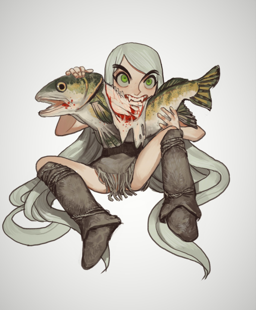 1girl black_sash boots copyright_request eating fangs fish full_body fur_boots green_eyes grey_hair highres long_hair mossacannibalis open_mouth raw_fish sash simple_background sitting solo very_long_hair white_background wide-eyed