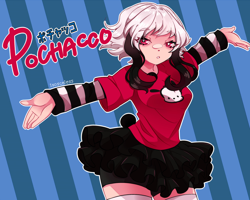1girl :o artist_name bangs black_hair character_name english_text highres humanization isosceless long_sleeves looking_at_viewer miniskirt multicolored_hair open_mouth outstretched_arms pochacco print_shirt red_eyes sanrio shirt short_hair short_sleeves shorts shorts_under_skirt sidelocks skirt solo striped striped_shirt t-shirt thick_thighs thigh-highs thighs two-tone_hair white_hair zettai_ryouiki