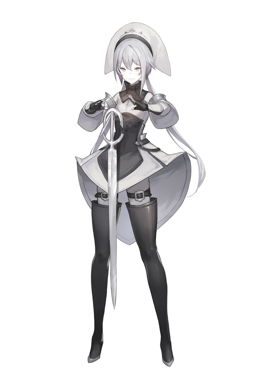 1girl boots breasts commentary_request dress eyebrows_visible_through_hair floating floating_object floating_weapon full_body grey_dress highres km_yama long_hair looking_at_viewer original pale_skin silver_hair small_breasts solo standing sword thigh-highs thigh_boots weapon white_background yellow_eyes