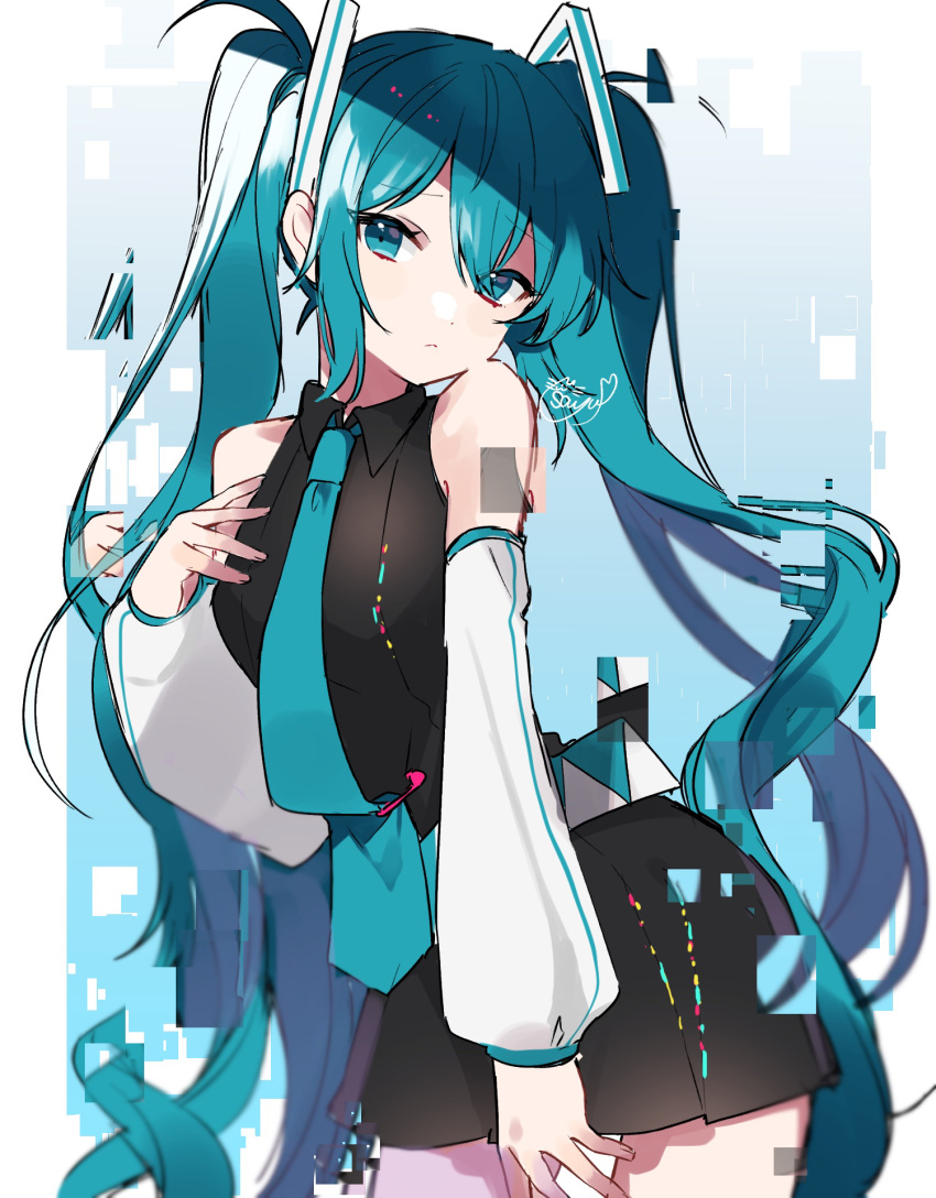 1girl aqua_eyes aqua_hair aqua_necktie bangs bare_shoulders cha_sakura closed_mouth detached_sleeves gradient gradient_background hatsune_miku highres long_hair looking_at_viewer necktie outside_border signature solo standing twintails vocaloid