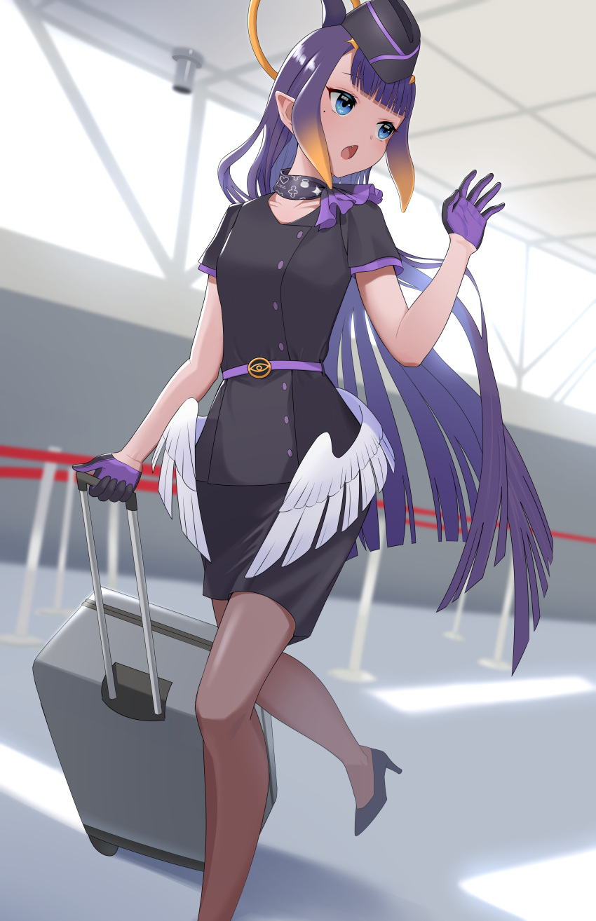 1girl absurdres airport blue_eyes chestnut_mouth fang gloves half_gloves high_heels highres hololive hololive_english indoors kapitan_kr long_hair low_wings luggage mole mole_under_eye ninomae_ina'nis open_mouth pointy_ears purple_hair tentacle_hair travel_attendant virtual_youtuber wings