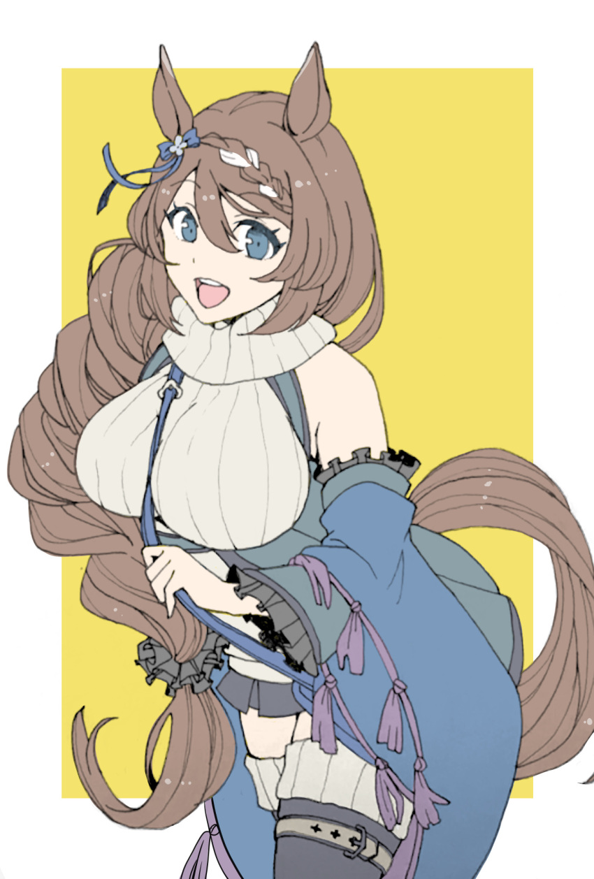 1girl :d animal_ears bare_shoulders black_footwear blue_eyes blue_sleeves boots border braid braided_ponytail breasts brown_eyes brown_sweater character_request enonko highres horse_ears horse_girl horse_tail long_hair looking_at_viewer open_mouth sleeveless sleeveless_turtleneck smile solo sweater tail thigh-highs thigh_boots turtleneck turtleneck_sweater umamusume white_border yellow_background