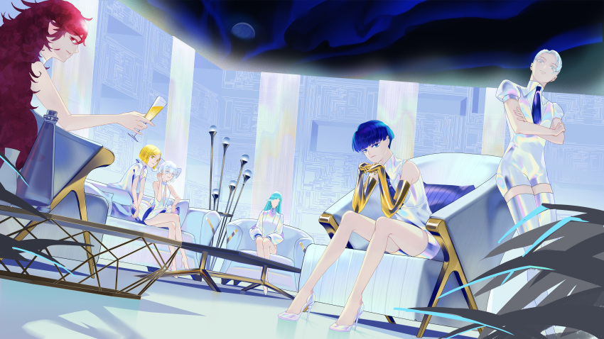 6+others absurdres alexandrite_(houseki_no_kuni) aqua_hair armchair bangs bare_arms bare_legs blonde_hair blue_eyes blue_hair bob_cut bottle bow bowl_cut cairngorm_(houseki_no_kuni) chair collared_shirt crossed_arms cup diamond_(houseki_no_kuni) dress drinking_glass dutch_angle faceless flipped_hair floor frown gem_uniform_(houseki_no_kuni) gii_(cvpj3777) golden_arms hair_bow head_tilt high_heels highres holding holding_cup houseki_no_kuni indoors jumpsuit leaning_forward legs_together liquid long_hair long_sleeves looking_at_another looking_at_viewer looking_down multiple_others outstretched_arm own_hands_together padparadscha_(houseki_no_kuni) phosphophyllite phosphophyllite_(ll) pillar pillow profile puffy_long_sleeves puffy_sleeves red_eyes redhead shiny shiny_clothes shirt short_dress short_hair sideways_glance sitting sleeveless sleeveless_dress spoilers standing stiletto_heels swept_bangs table thigh-highs very_long_hair white_dress white_eyes white_footwear white_hair white_jumpsuit white_legwear white_shirt yellow_diamond_(houseki_no_kuni)