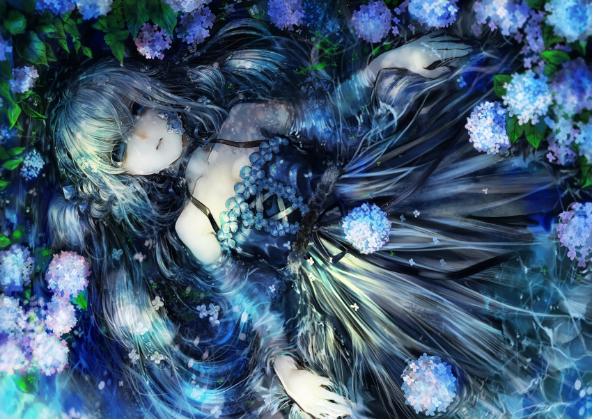 1girl afloat bare_shoulders black_choker blue_dress blue_eyes blue_flower blue_hair choker dress empty_eyes fingernails flower from_above hair_spread_out highres hydrangea komota_(kanyou_shoujo) long_hair looking_at_viewer lying on_back original parted_lips partially_submerged purple_flower solo water wet