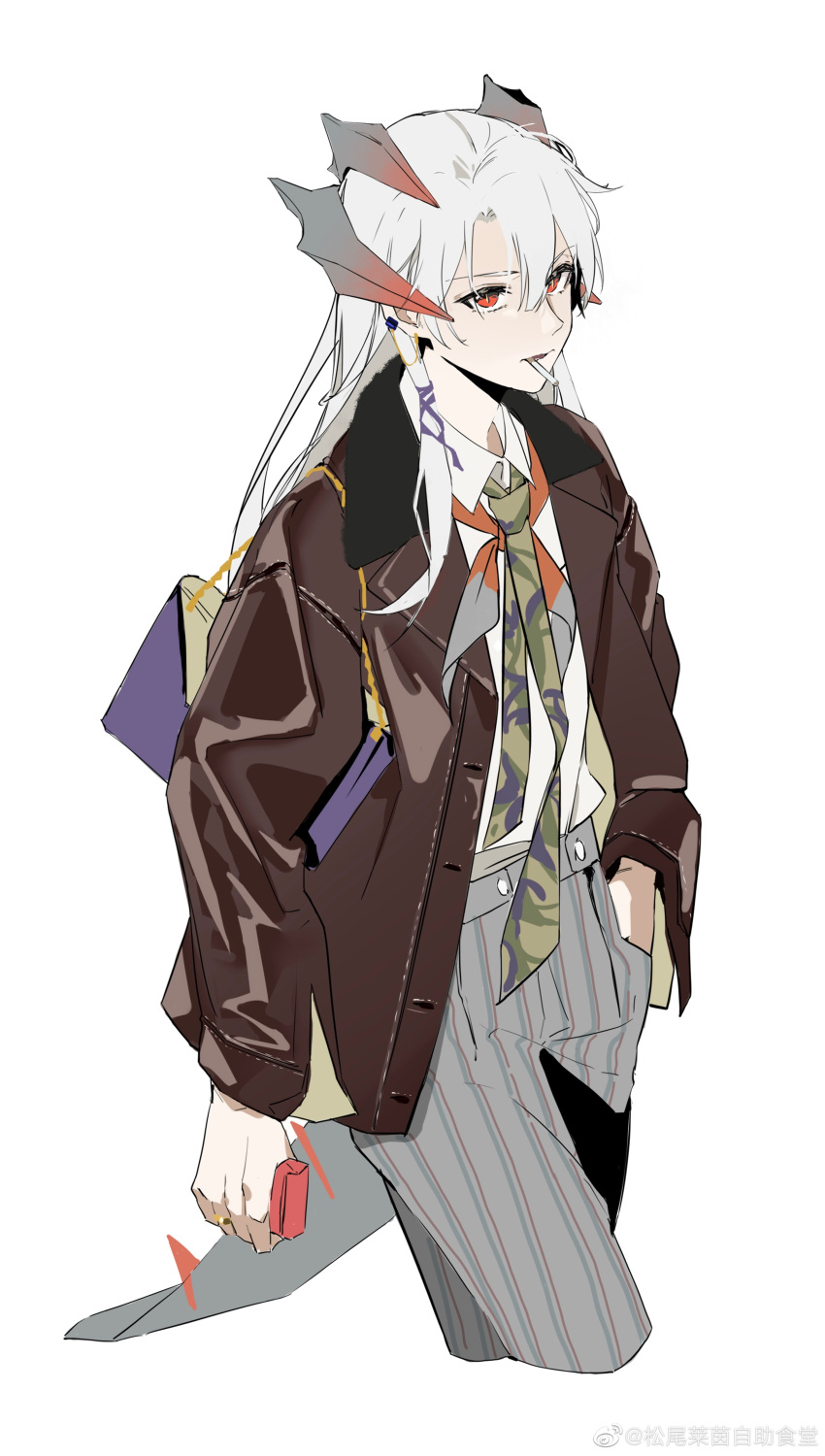1girl absurdres alternate_costume arknights artist_name bag bangs brown_jacket casual cigarette cropped_legs dragon_girl dragon_horns dragon_tail earrings green_necktie grey_pants hand_in_pocket highres holding horns jacket jewelry long_hair long_sleeves mouth_hold necktie open_clothes open_jacket pants parted_lips red_eyes saria_(arknights) shoulder_bag silver_hair solo songweilaiyinzizhushitang striped striped_pants tail tail_through_clothes unbuttoned v-shaped_eyebrows vertical-striped_pants vertical_stripes weibo_username
