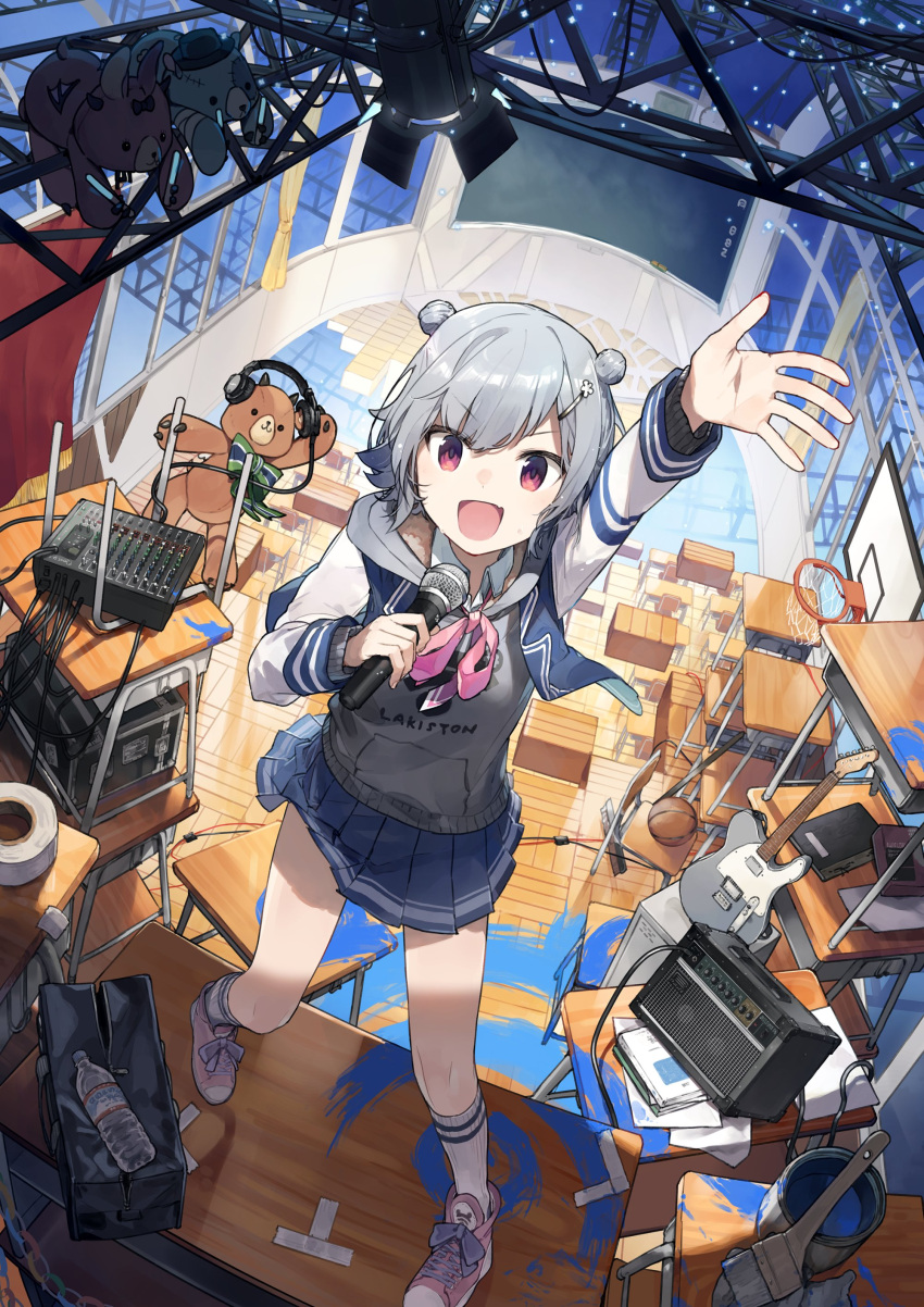 1girl absurdres amplifier arm_up bag bangs basket basketball_hoop blue_skirt bottle broom cable cevio chair collared_shirt curtains double_bun full_body glowstick grey_hair grey_hoodie guitar hair_ornament hairclip headphones highres holding holding_microphone hood hoodie instrument jacket koharu_rikka long_sleeves looking_at_viewer microphone notebook open_clothes open_jacket open_mouth paint_can paint_splatter paintbrush pleated_skirt school_bag school_chair second-party_source shirt shoes short_hair skirt smile sneakers socks solo soundboard stage_lights standing stuffed_animal stuffed_toy synthesizer_v table tape teddy_bear teshima_nari violet_eyes water_bottle white_shirt window