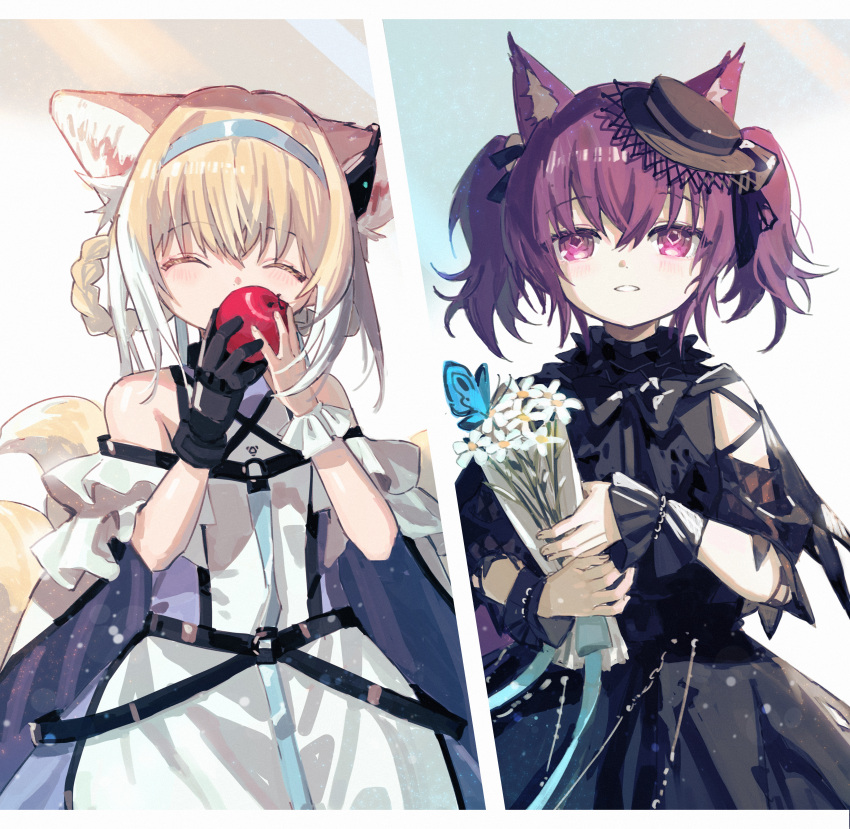 2girls absurdres animal_ears apple arknights bangs black_dress black_gloves blonde_hair blue_butterfly blue_hairband bouquet brown_headwear bug butterfly closed_eyes commentary dress earpiece eyebrows_visible_through_hair flower food fox_ears fruit gloves gradient_hair hair_rings hairband hands_up hat highres holding holding_bouquet holding_food holding_fruit light_particles looking_at_viewer mini_hat multicolored_hair multiple_girls off-shoulder_dress off_shoulder official_alternate_costume parted_lips purple_hair red_(girllove) shamare_(arknights) shamare_(echo_of_the_horrorlair)_(arknights) single_glove smile suzuran_(arknights) twintails upper_body violet_eyes white_dress white_flower white_hair wrist_cuffs