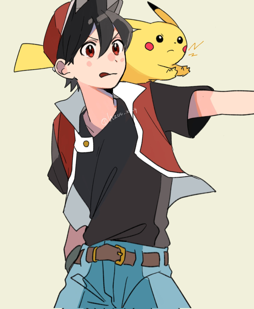 1boy :q bangs belt black_hair black_shirt blush_stickers brown_belt closed_mouth commentary_request green_background hair_between_eyes highres jacket male_focus momotose_(hzuu_xh4) open_clothes open_jacket outstretched_arm pants pikachu pokemon pokemon_(creature) pokemon_adventures red_(pokemon) red_eyes shirt short_hair short_sleeves t-shirt tongue tongue_out