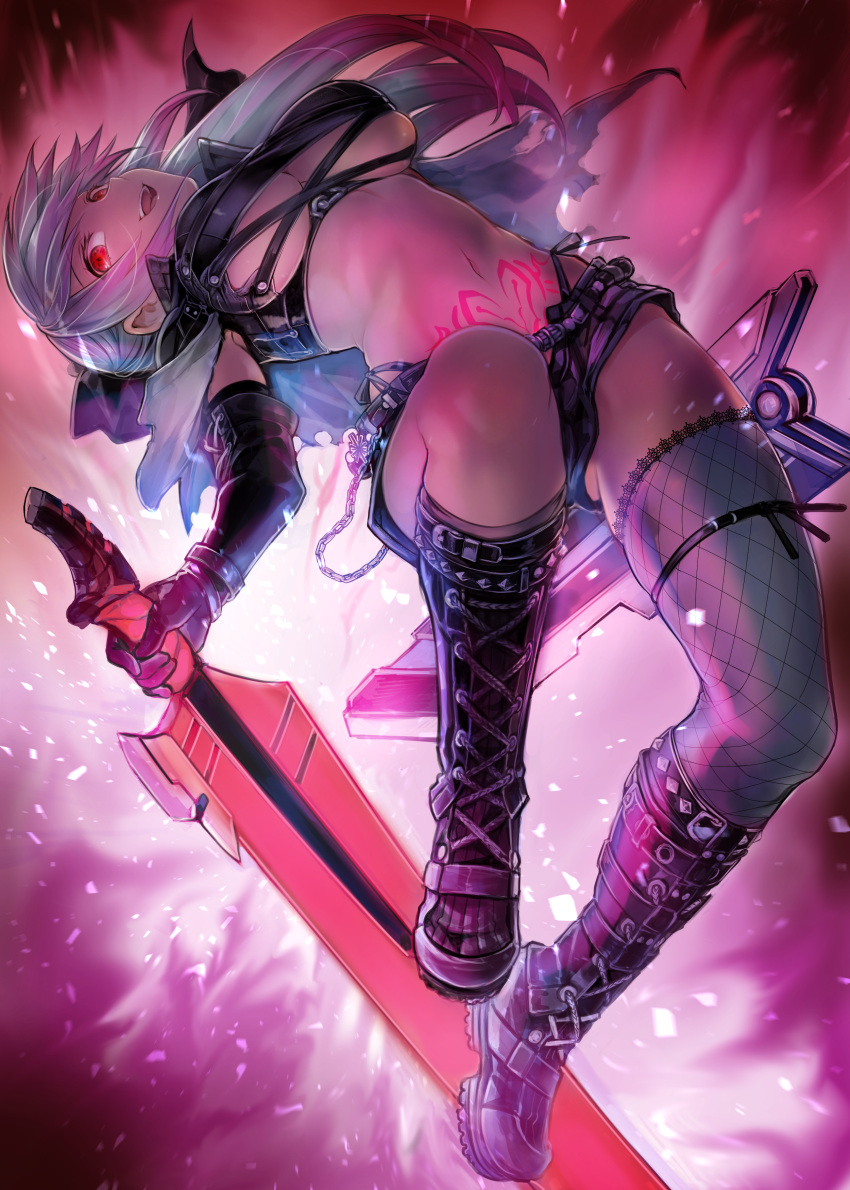 1girl :d absurdres black_gloves boots breasts commission copyright_request cross-laced_footwear elbow_gloves fishnet_legwear fishnets gloves grey_hair highres holding holding_sword holding_weapon jumping komota_(kanyou_shoujo) large_breasts long_hair navel open_mouth pubic_tattoo red_eyes reverse_grip scabbard sheath single_thighhigh skeb_commission smile solo sword tattoo thigh-highs weapon