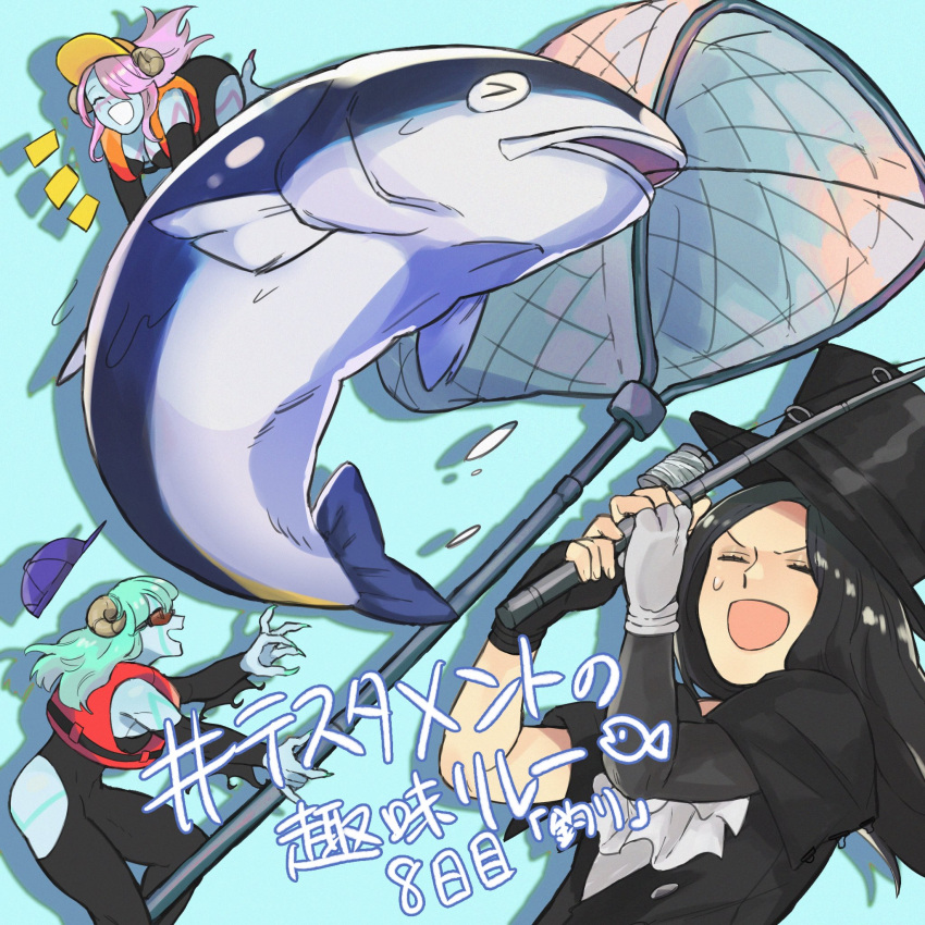 1other 2girls :d androgynous aqua_background baseball_cap black_gloves black_hair body_markings breasts closed_eyes colored_skin demon_girl drop_shadow fingerless_gloves fish fishing fishing_net fishing_rod gloves green_hair green_nails guilty_gear guilty_gear_strive hair_over_one_eye hashtag hat highres horns life_vest long_hair luci_omi_gusu multiple_girls open_mouth pink_hair smile succubus_familiar sweatdrop testament_(guilty_gear) top_hat white_gloves