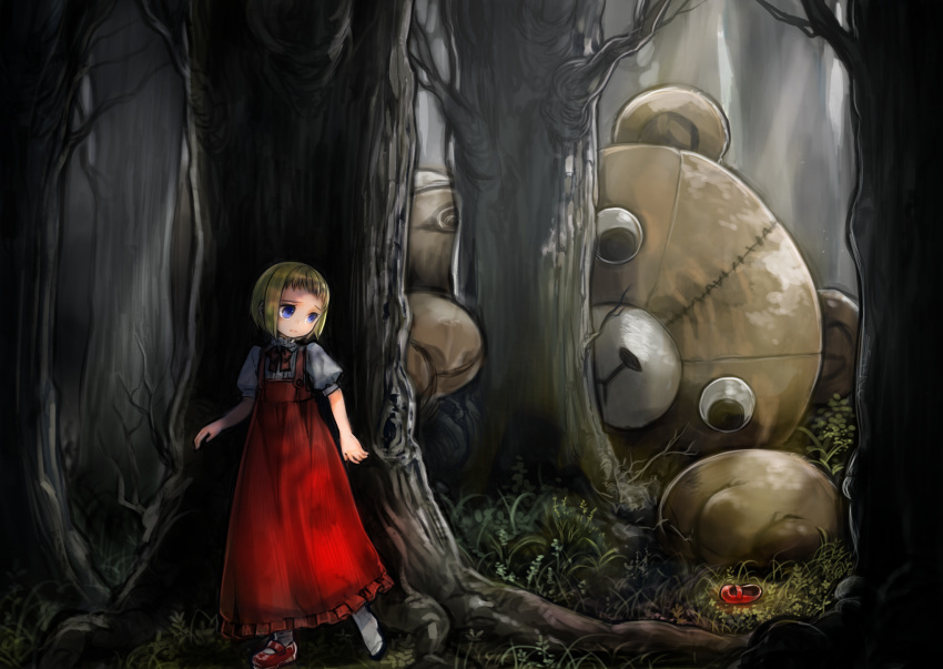 1girl blonde_hair child dress forest grey_shirt highres horror_(theme) komota_(kanyou_shoujo) nature open_mouth original outdoors pinafore_dress puffy_short_sleeves puffy_sleeves red_dress red_footwear scared shirt shoe_loss shoe_removed shoes short_hair short_sleeves single_shoe stuffed_animal stuffed_toy teddy_bear violet_eyes