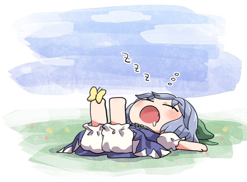 1girl animal bare_shoulders bloomers blue_dress blue_hair blush bow bug butterfly cirno closed_eyes dress fairy fang green_bow hair_bow open_mouth puffy_short_sleeves puffy_sleeves rokugou_daisuke shirt short_hair short_sleeves signature sleeping solo touhou underwear white_bloomers white_shirt zzz