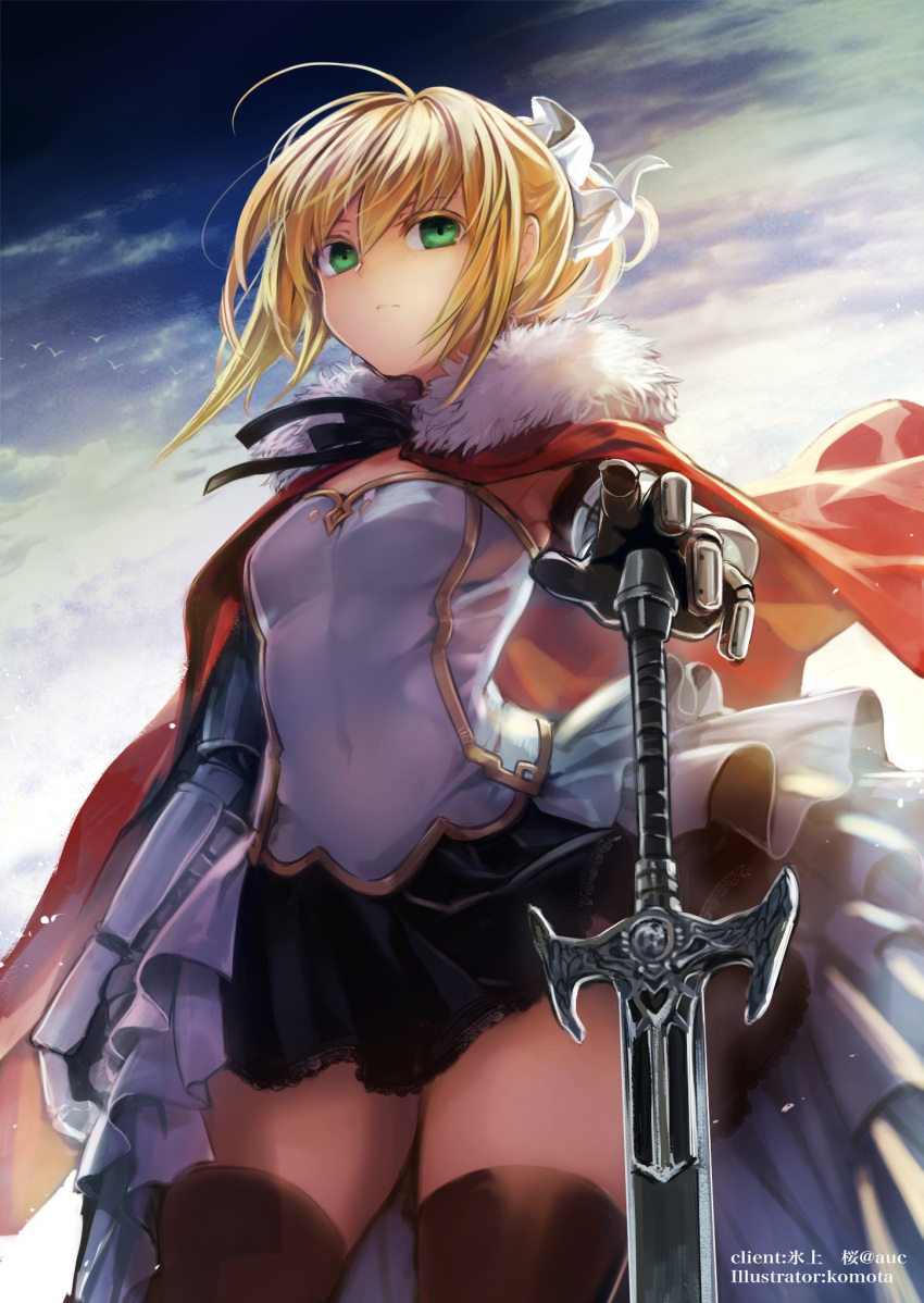 1girl ahoge black_skirt blue_sky brown_legwear cape closed_mouth commission day flock gauntlets hand_on_hilt highres komota_(kanyou_shoujo) looking_at_viewer miniskirt original outdoors planted planted_sword red_cape shirt skeb_commission skirt sky solo sword thigh-highs weapon white_shirt