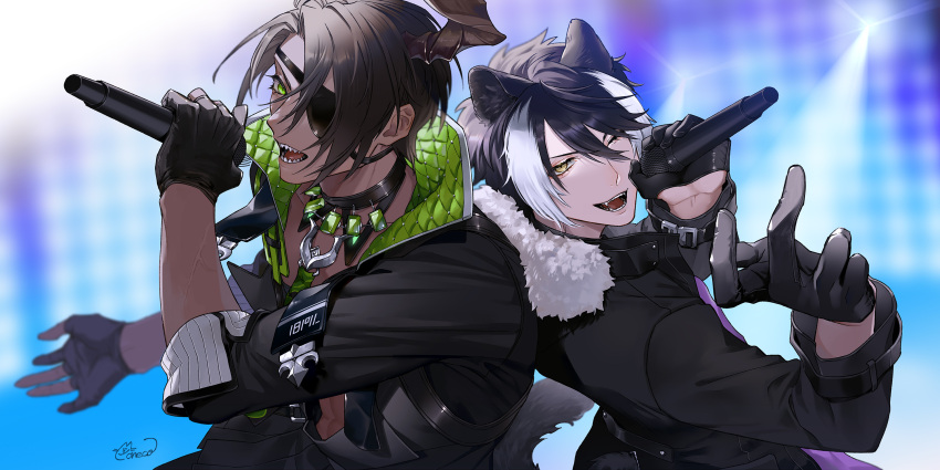 2boys ;d abs animal_ears aragami_oga back-to-back black_collar black_gloves black_hair black_jacket black_shirt collar dark-skinned_male dark_skin eyepatch fangs fur-trimmed_jacket fur_trim gem gloves green_eyes green_gemstone green_necktie hair_between_eyes half_gloves hand_up highres holding holding_microphone holostars horns jackal_boy jackal_ears jackal_tail jacket kageyama_shien looking_at_viewer mafia_(holostars) microphone moneko multicolored_hair multiple_boys music necktie one_eye_closed open_clothes open_mouth open_shirt padded_shirt partially_fingerless_gloves sharp_teeth shirt short_hair signature silver_trim singing single_horn smile stage_lights stole teeth two-tone_hair upper_body v-shaped_eyebrows virtual_youtuber white_hair yellow_eyes