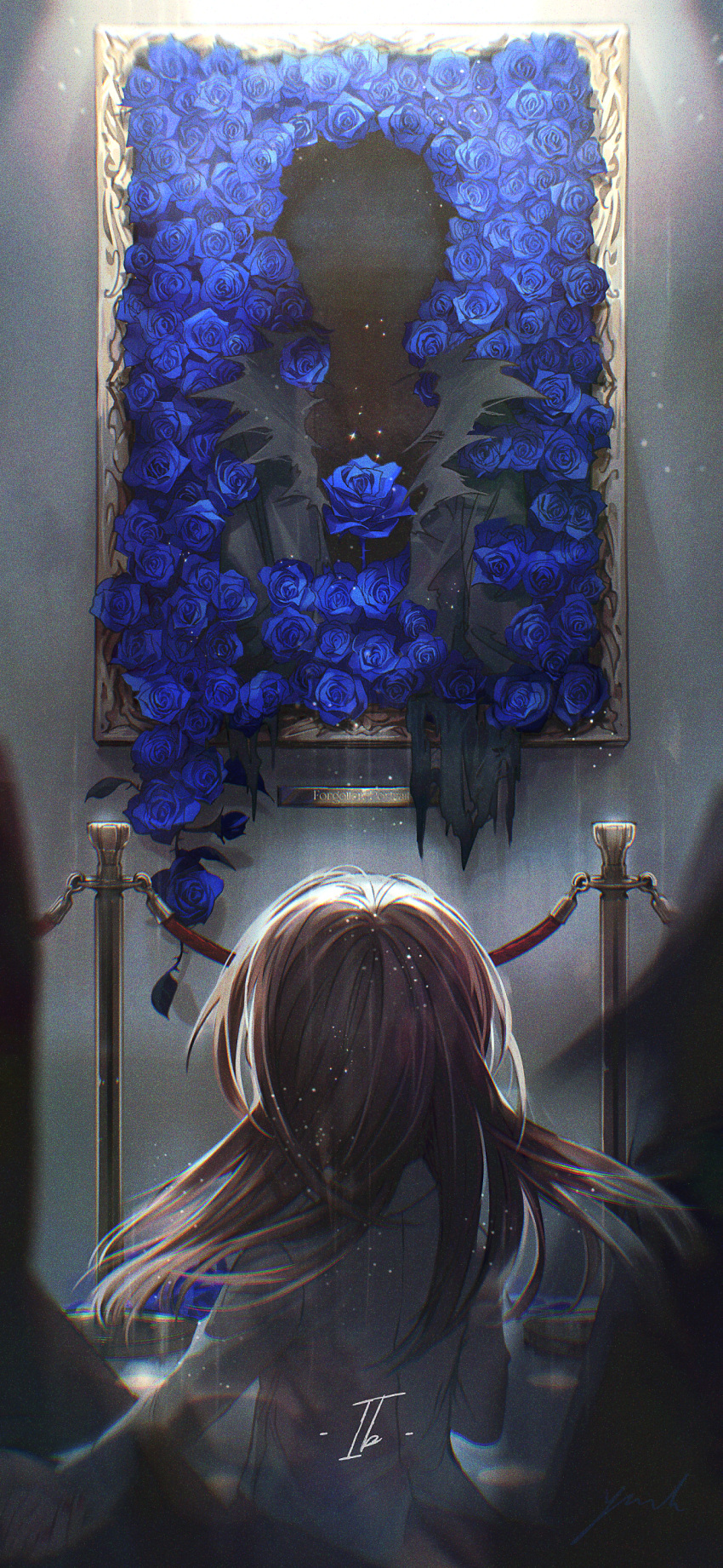 1boy 1girl absurdres artist_name blue_flower blue_rose check_commentary coat commentary commentary_request copyright_name english_text film_grain flower from_behind garry_(ib) highres ib ib_(ib) light_particles long_hair long_sleeves mixed-language_commentary nemumi_no_sora red_rope rope rose shirt signature silhouette solo_focus spoilers thorns torn_clothes white_shirt