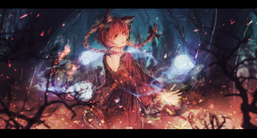 1girl animal_ear_fluff animal_ears bangs black_ribbon braid branch cat_ears cat_tail commentary_request embers fiery_tail frilled_sleeves frills hair_ribbon highres hitodama kaenbyou_rin letterboxed long_hair looking_at_viewer multiple_tails nekomata open_mouth red_eyes redhead ribbon solo tail tonan_(l0l0l0l0l0l) touhou tress_ribbon twin_braids two_tails wide_sleeves
