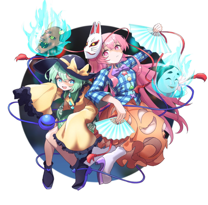 2girls :d bangs black_footwear black_headwear blue_eyes blue_fire blue_shirt boots bow bubble_skirt closed_mouth collared_shirt commentary_request eyebrows_visible_through_hair fire folding_fan fox_mask green_hair green_skirt hair_between_eyes hand_fan hat hat_bow hata_no_kokoro high_heel_boots high_heels highres holding holding_fan komeiji_koishi long_hair long_sleeves looking_at_viewer mask mask_on_head multiple_girls oni_mask orange_skirt pink_hair plaid plaid_shirt shirt skirt sleeves_past_fingers sleeves_past_wrists smile soranakidayo touhou very_long_hair violet_eyes white_footwear wide_sleeves yellow_bow yellow_shirt