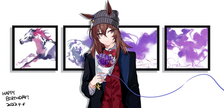 1girl animal_ears arm_at_side bangs beanie black_jacket bouquet bow bowtie bracelet brown_hair closed_mouth collared_shirt ears_through_headwear grey_headwear happy_birthday hat highres horse_ears jacket jewelry kukmmo long_hair long_sleeves looking_to_the_side nakayama_festa_(umamusume) open_clothes open_jacket painting_(object) red_eyes red_vest shirt solo split_mouth string string_of_fate umamusume upper_body vest white_shirt