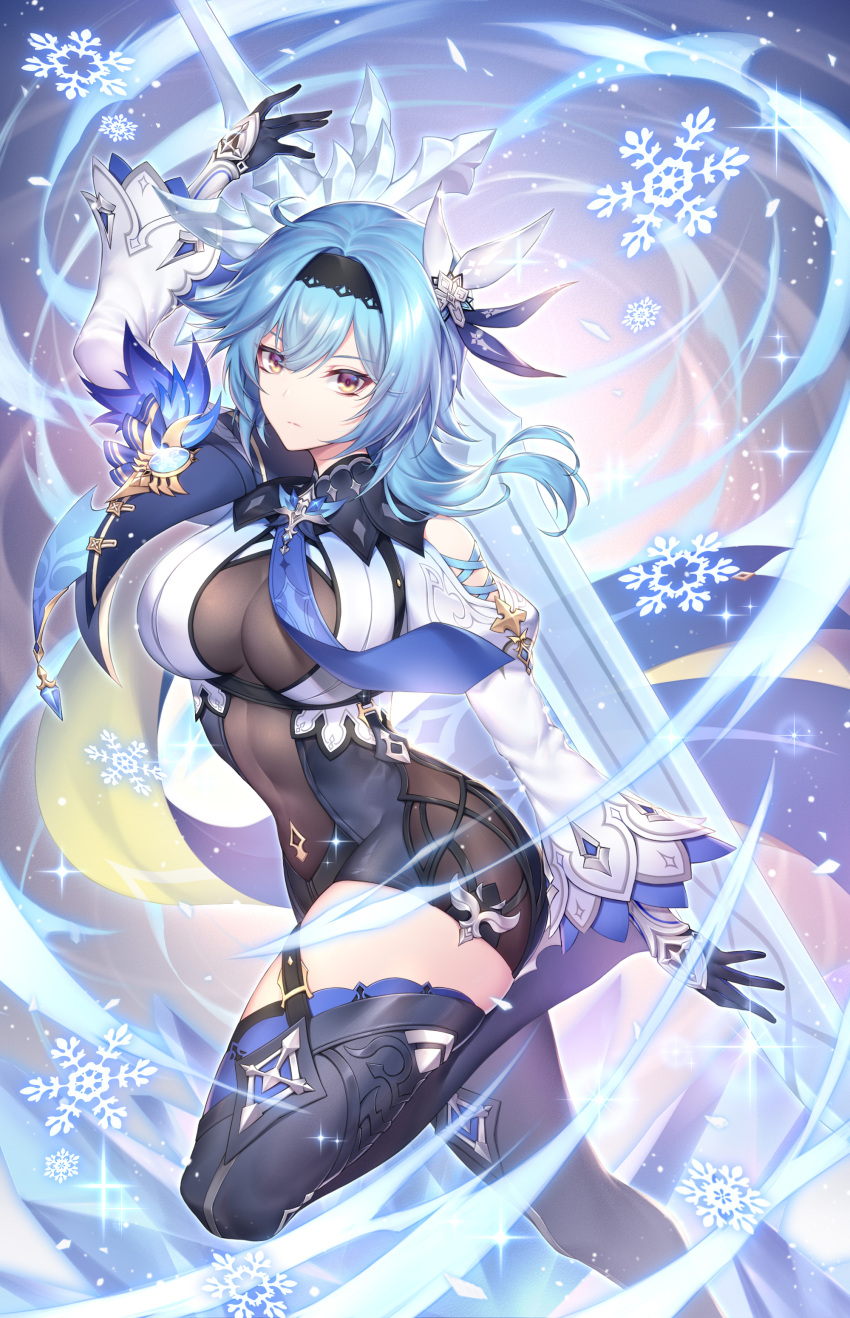 1girl absurdres arm_up asymmetrical_hair bangs black_hairband blue_hair blue_necktie breasts closed_mouth covered_navel crystal_sword eula_(genshin_impact) floating floating_hair floating_object floating_sword floating_weapon genshin_impact gloves hair_ornament hairband highres ice large_breasts leotard medium_hair nasaniliu necktie open_hands revision snowflakes solo sword thigh-highs thighs vision_(genshin_impact) weapon wind yellow_eyes