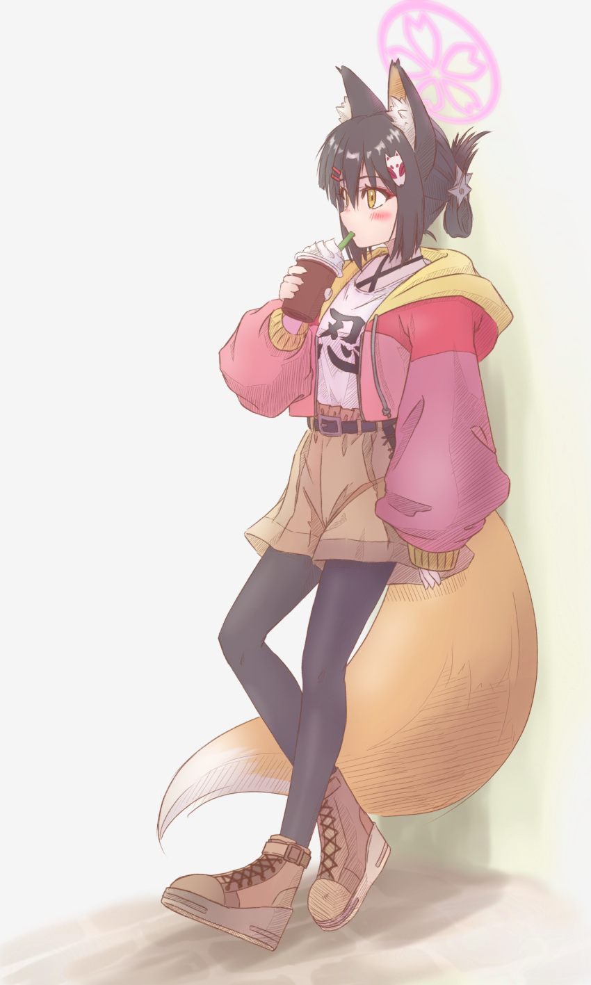 1girl absurdres alternate_costume alternate_hairstyle animal_ear_fluff animal_ears belt black_belt black_hair black_legwear blue_archive blush boots brown_footwear brown_shorts casual cropped_jacket cup drinking_straw drinking_straw_in_mouth eyeshadow fox_ears fox_girl fox_hair_ornament fox_tail from_side full_body hair_ornament hairclip halo highres holding holding_cup hood hooded_jacket izuna_(blue_archive) jacket long_sleeves looking_to_the_side makeup pantyhose pink_eyeshadow pink_jacket puffy_sleeves shirt shirt_tucked_in shorts simple_background solo tail tomonx whipped_cream white_background white_shirt yellow_eyes