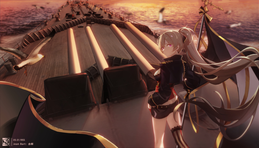 1girl absurdres artillery asymmetrical_legwear azur_lane black_shorts blurry blurry_background breasts brown_hair corset evening feet_out_of_frame flag from_behind gloves high_ponytail highres holding holding_flag jean_bart_(azur_lane) jean_bart_(battleship) long_hair looking_at_viewer looking_back medium_breasts outdoors red_corset red_eyes red_gloves rein_yukimatsu scenery short_shorts shorts single_thighhigh sleeve_cuffs solo standing striped striped_legwear sunset thigh-highs turret very_long_hair