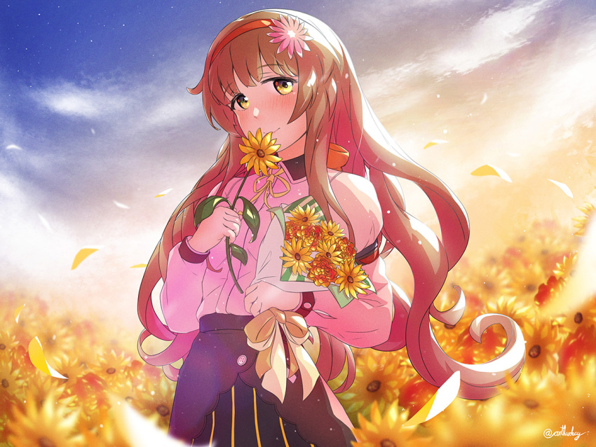 1girl arthur_ko black_skirt blush brown_hair closed_mouth commission eyebrows_visible_through_hair field flower flower_field helena_(kancolle) holding holding_flower juliet_sleeves kantai_collection long_hair long_sleeves military military_uniform neck_ribbon petals puffy_sleeves ribbon skirt smile solo twitter_username uniform yellow_eyes yellow_flower yellow_ribbon