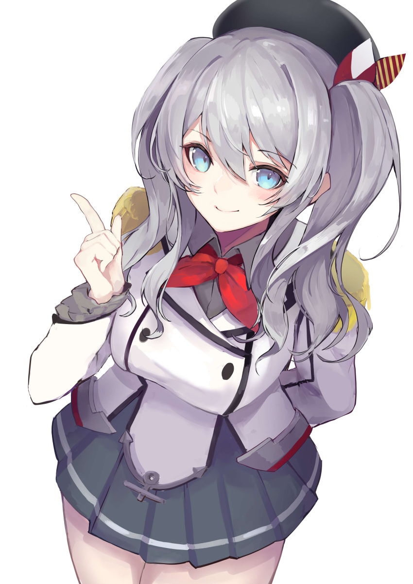 1girl absurdres arm_behind_back bangs beret black_headwear blue_eyes blush breasts commentary epaulettes frilled_sleeves frills hair_between_eyes hat highres index_finger_raised kantai_collection kashima_(kancolle) large_breasts long_hair long_sleeves looking_at_viewer military military_uniform pleated_skirt sashimi0gou silver_hair simple_background skirt smile solo twintails uniform white_background