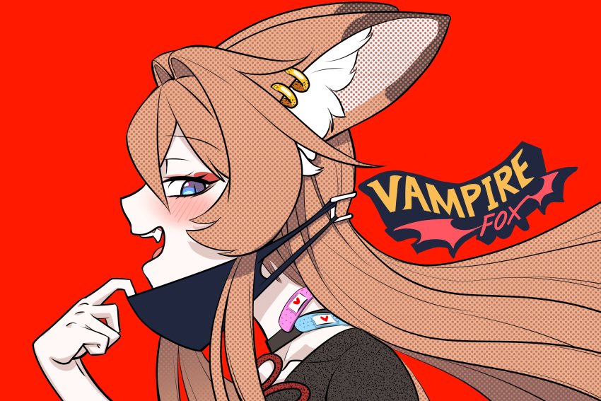 1girl absurdres animal_ear_fluff animal_ears bandaid bandaid_on_neck black_choker black_shirt blue_eyes blush choker collarbone earrings english_text eyebrows_visible_through_hair face fangs fox_ears fox_girl highres jewelry looking_at_viewer mask mask_pull mouth_mask open_mouth orange_hair orangefox original polka_dot profile red_background shirt simple_background slit_pupils solo teeth unmoving_pattern