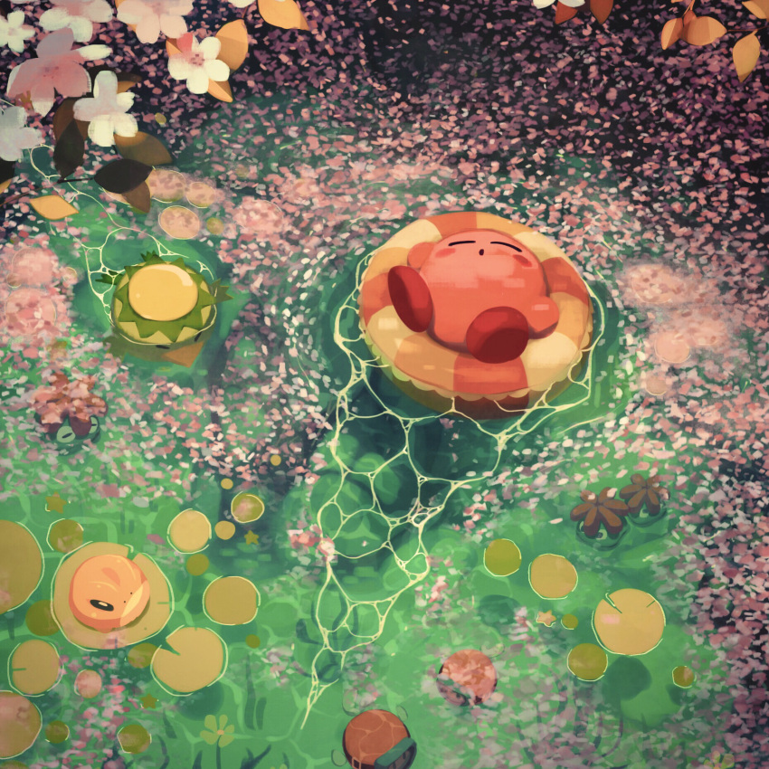 afloat character_request closed_eyes creature day flower goggles highres kappa kirby kirby_(series) lotus_root open_mouth petals petals_on_liquid sleeping solo suyasuyabi swimming tree water