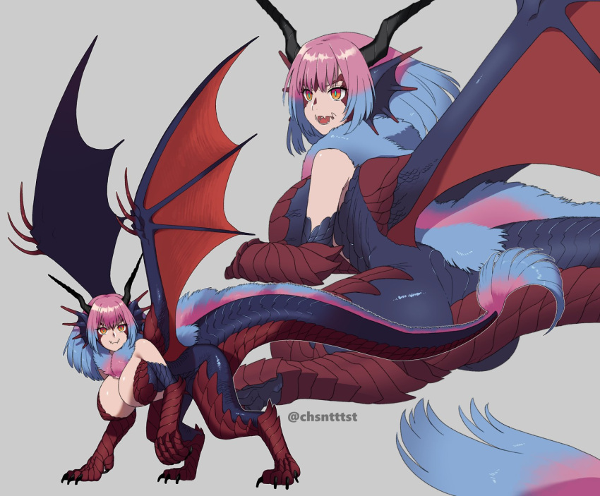 1girl all_fours animal_feet animal_hands blue_fur blue_hair blue_pupils claws digitigrade dragon_girl dragon_horns dragon_tail fangs full_body fur_collar gradient_hair grey_background head_fins highres horns kizuta_(barometz) looking_to_the_side medium_hair monster_girl multicolored_hair multiple_views orange_eyes original pink_fur pink_hair scales sidelocks skin_fangs slit_pupils spines tail twitter_username two-tone_hair wings