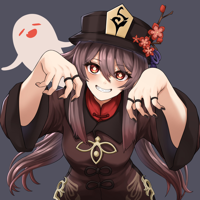 1girl :d absurdres asahina_tou bangs bent_over brown_hair chinese_clothes commentary_request eyebrows_visible_through_hair eyes_visible_through_hair flower genshin_impact ghost ghost_pose grey_background grin hair_between_eyes hat hat_flower hat_ornament highres hu_tao_(genshin_impact) jewelry long_hair long_sleeves looking_at_viewer orange_eyes ring sidelocks simple_background smile symbol-shaped_pupils twintails