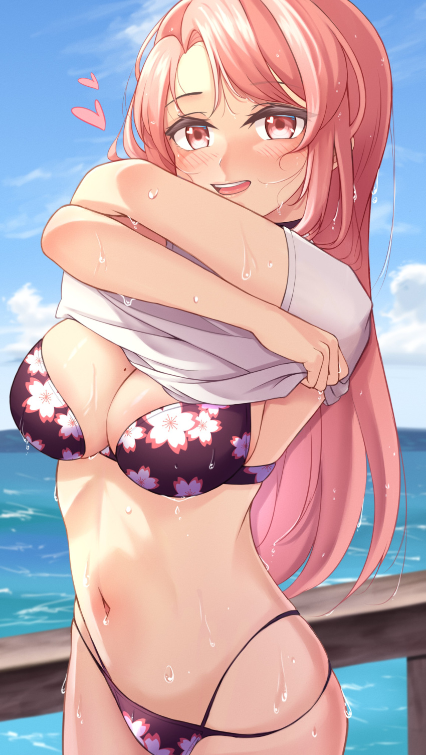 1girl absurdres bangs bikini blush breasts c_turtle clouds english_commentary floral_print heart highres indie_virtual_youtuber long_hair midriff mole mole_on_breast navel nini_yuuna ocean pink_eyes pink_hair print_bikini purple_bikini shirt sky smile solo swimsuit virtual_youtuber water wet white_shirt