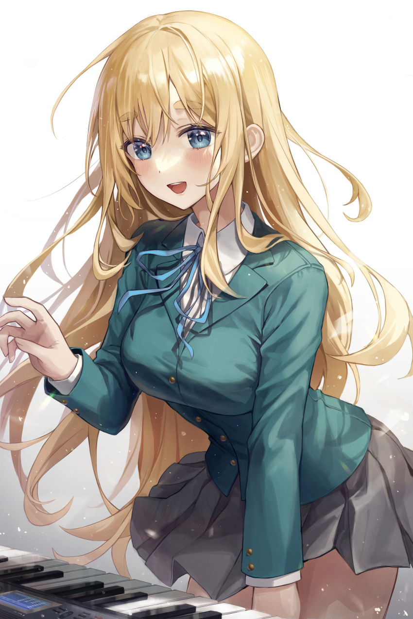 1girl :d absurdres aimbek blazer blonde_hair blue_eyes blue_jacket blue_ribbon blush breasts dot_nose floating_hair grey_skirt highres instrument jacket k-on! keyboard_(instrument) kotobuki_tsumugi large_breasts leaning_forward long_hair miniskirt music neck_ribbon open_mouth piano playing_instrument pleated_skirt ribbon sakuragaoka_high_school_uniform school_uniform short_eyebrows skirt smile solo