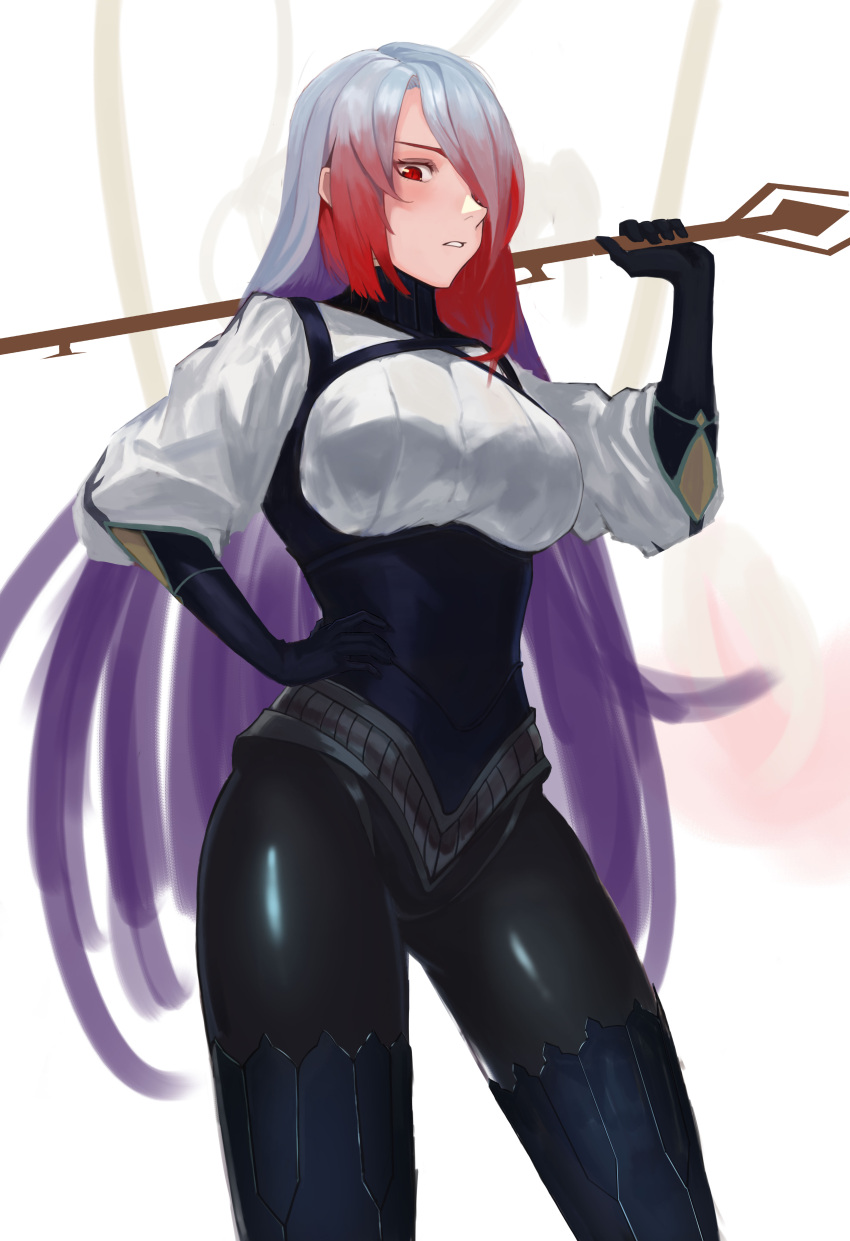 1girl absurdres asmodeus_(megido72) black_gloves black_legwear breasts commentary_request corset cowboy_shot elbow_gloves gloves hair_over_one_eye hand_on_hip highres holding holding_weapon large_breasts long_hair looking_at_viewer megido72 multicolored_hair nicporim over_shoulder parted_lips purple_gloves red_eyes redhead shirt solo weapon weapon_over_shoulder white_background white_shirt