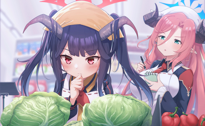 2girls apron black_hair blue_archive blue_eyes blurry blurry_background cabbage commentary_request fal_(fal-se-0) fuuka_(blue_archive) highres horns juri_(blue_archive) long_hair multiple_girls note pink_hair red_eyes school_uniform thinking twintails writing