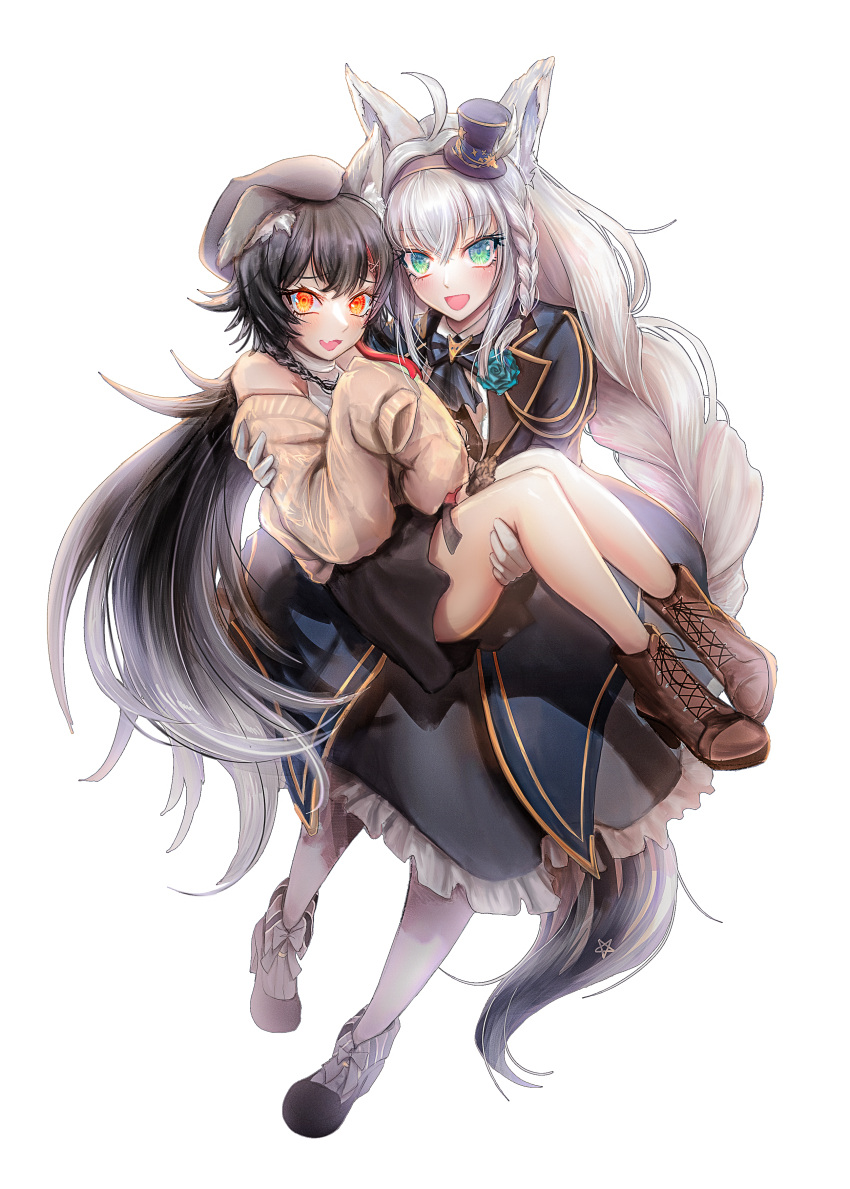 2girls absurdres ahoge animal_ear_fluff animal_ears ascot bangs black_hair black_skirt blue_ascot blue_jacket blush boots braid braided_ponytail brown_footwear carrying commentary_request eyebrows_visible_through_hair fox_ears fox_girl fox_tail frilled_skirt frills gloves green_eyes grey_skirt hair_between_eyes hairband hat highres hololive jacket long_hair long_skirt looking_at_viewer mini_hat multicolored_hair multiple_girls ookami_mio open_clothes open_jacket open_mouth pantyhose pentagram pinkuempire princess_carry redhead shirakami_fubuki shirt sidelocks simple_background single_braid skirt sleeves_past_fingers sleeves_past_wrists smile streaked_hair sweater_vest tail tail_around_leg very_long_hair virtual_youtuber white_background white_gloves white_hair white_legwear white_shirt wolf_ears wolf_girl wolf_tail yellow_eyes